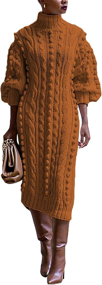 Womens Turtleneck Sweater Dress Knitted Double High Split Long Lantern Sleeve Fall Sweaters Dress... | Amazon (US)