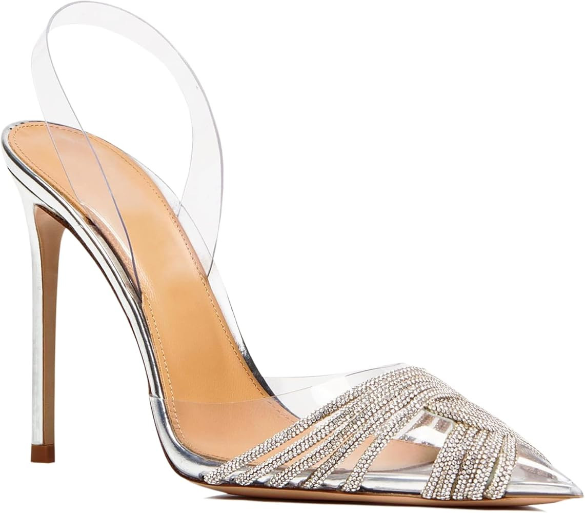 Yolkomo Women's Rhinestone Clear Heels Pointed Toe Stiletto High Heel Sandals | Amazon (US)