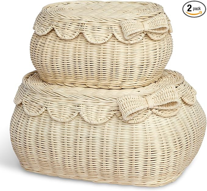 BEBE BASK The Original Scalloped Bow Basket with Lid – Set of 2 (15 x 11 x 6 in) – Handwoven ... | Amazon (US)