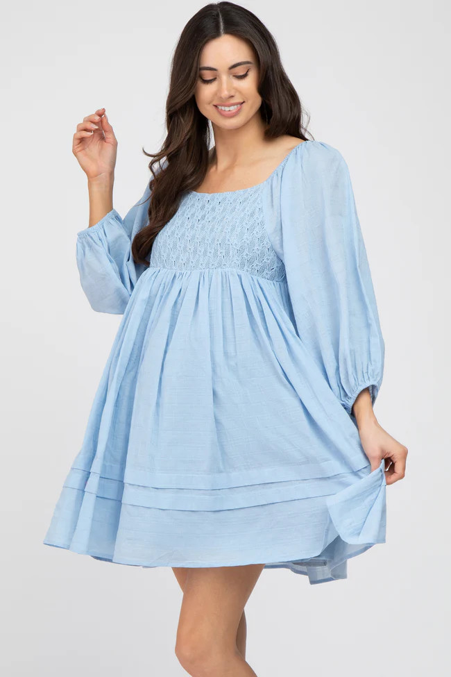 Light Blue Crochet Bubble Sleeve Maternity Dress | PinkBlush Maternity