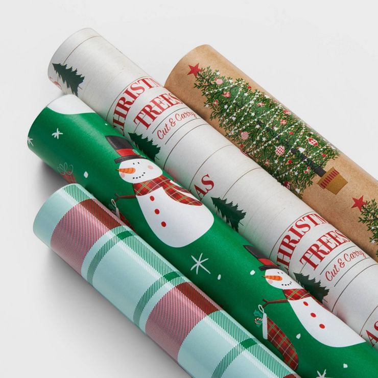 4pk 120 sq ft Plaid/Christmas Trees/Snowman Gift Wrap - Wondershop™ | Target