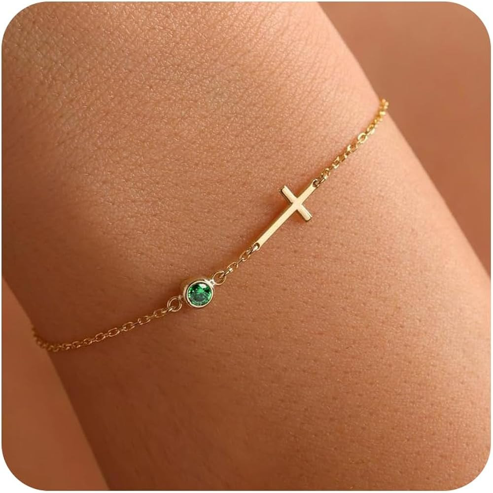 Birthstone Gold Bracelets for Women Non Tarnish Trendy Dainty Charm Cross Bracelet Stack Friendsh... | Amazon (US)