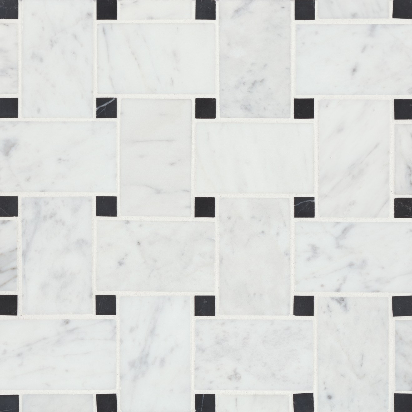 Jumbo Basketweave Honed Marble in White Carrara with Absolute Black Dot | Bedrosians Tile and Stone