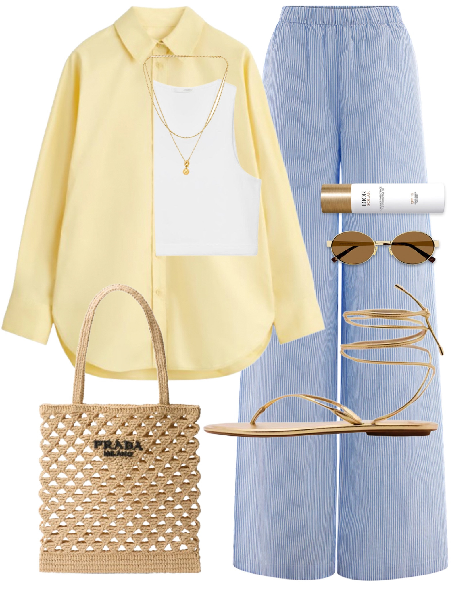 Blue striped pants yellow shirt gold tie up sandals Prada summer bag resort wear beach holiday 

#LTKuk #LTKsummer #LTKtravel