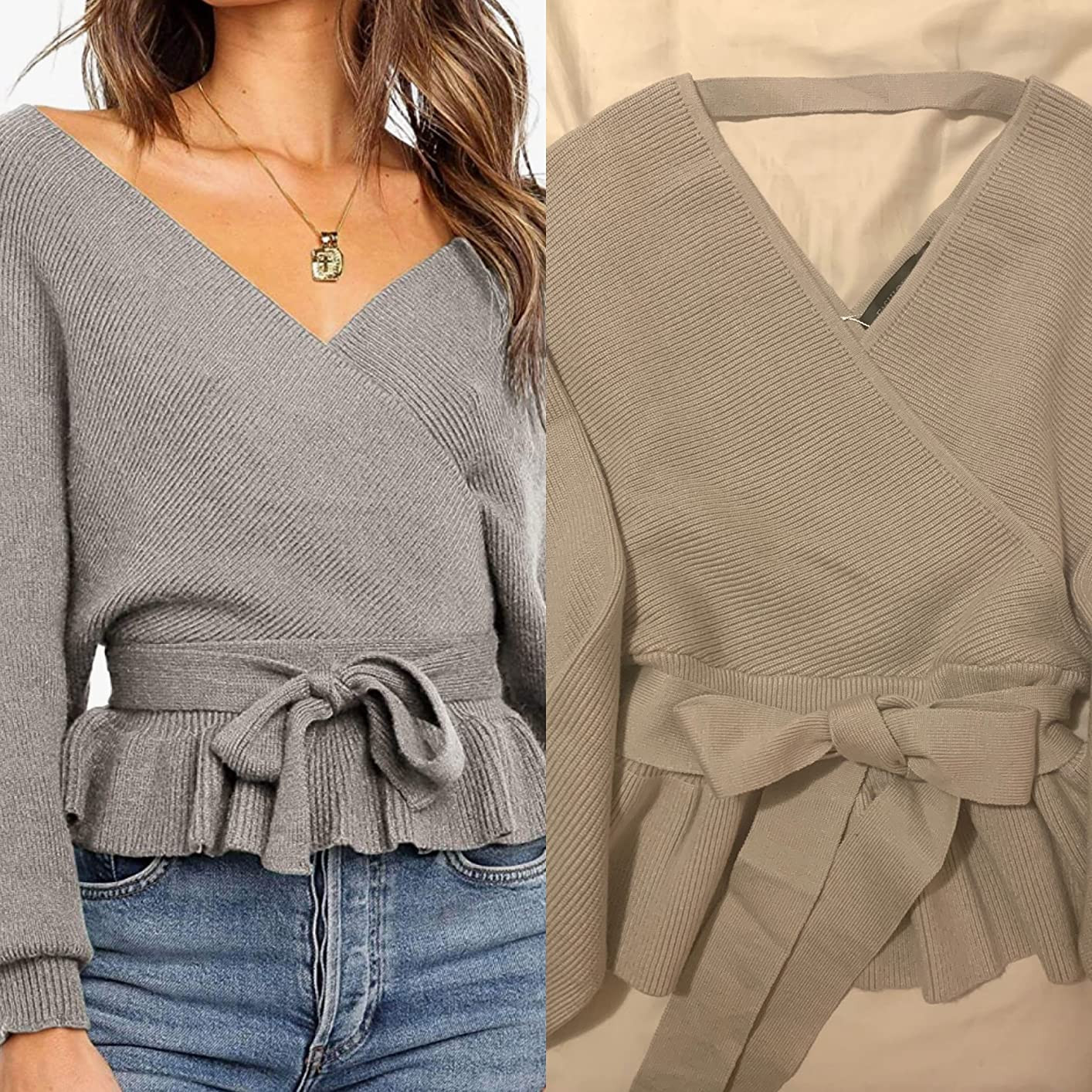 ZESICA Women's Fall 2026 Wrap V Neck Long Batwing Sleeve Belted Waist Ruffle Knitted Sweater Pull... | Amazon (US)