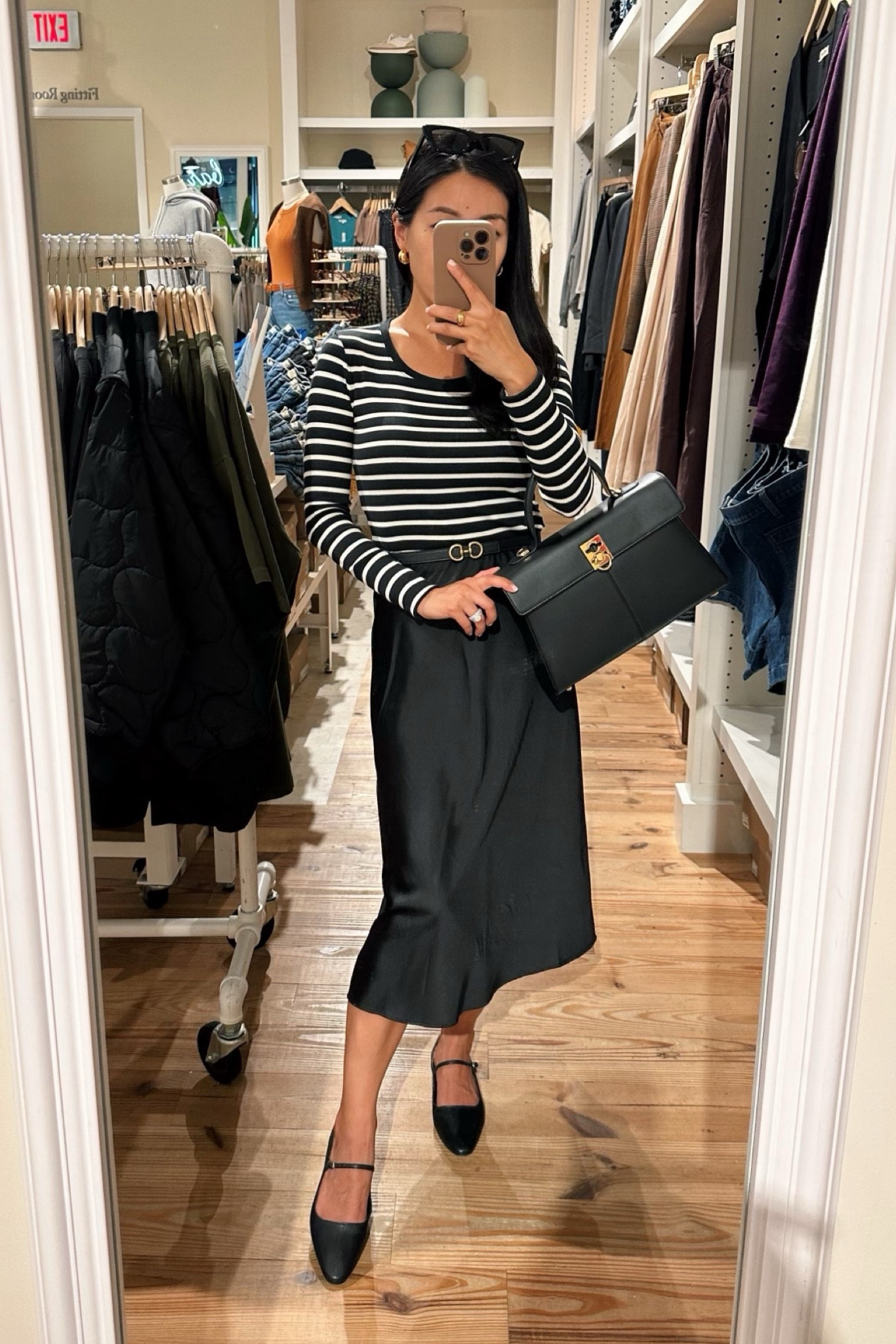 •Open Edit Mary Jane flats sz 5.5 , FYI i wear with a cushion insert bc not much padding inside 

• the Drop midi slip skirt xxs. Low maintenance, weightier easy care fabric than my silk quince one so I am wearing this one more esp around kids. With flats, I have the waist band rolled up once here to make the length a tad shorter, but with heels I wear it full length. 

•J.Crew striped long sleeve tee xxs - sleeves are a little long on me. 40% off with code SALETIME when logged into your J.Crew account (free to join)

•BP $15 sunglasses 

•Edited Pieces reversible horse bit belt xxs (available on EditedPieces.com) 
•Cafune bag (not linkable) 

#petite amazon finds fall outfit #LTKxPrime

#LTKfindsunder50 #LTKSeasonal