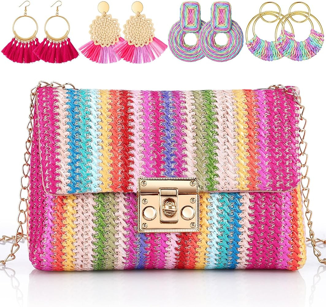 5 Pack Striped Straw Clutch Purse Crossbody Vacation Handbag Woven Rattan Dangle Earrings for Wom... | Amazon (US)