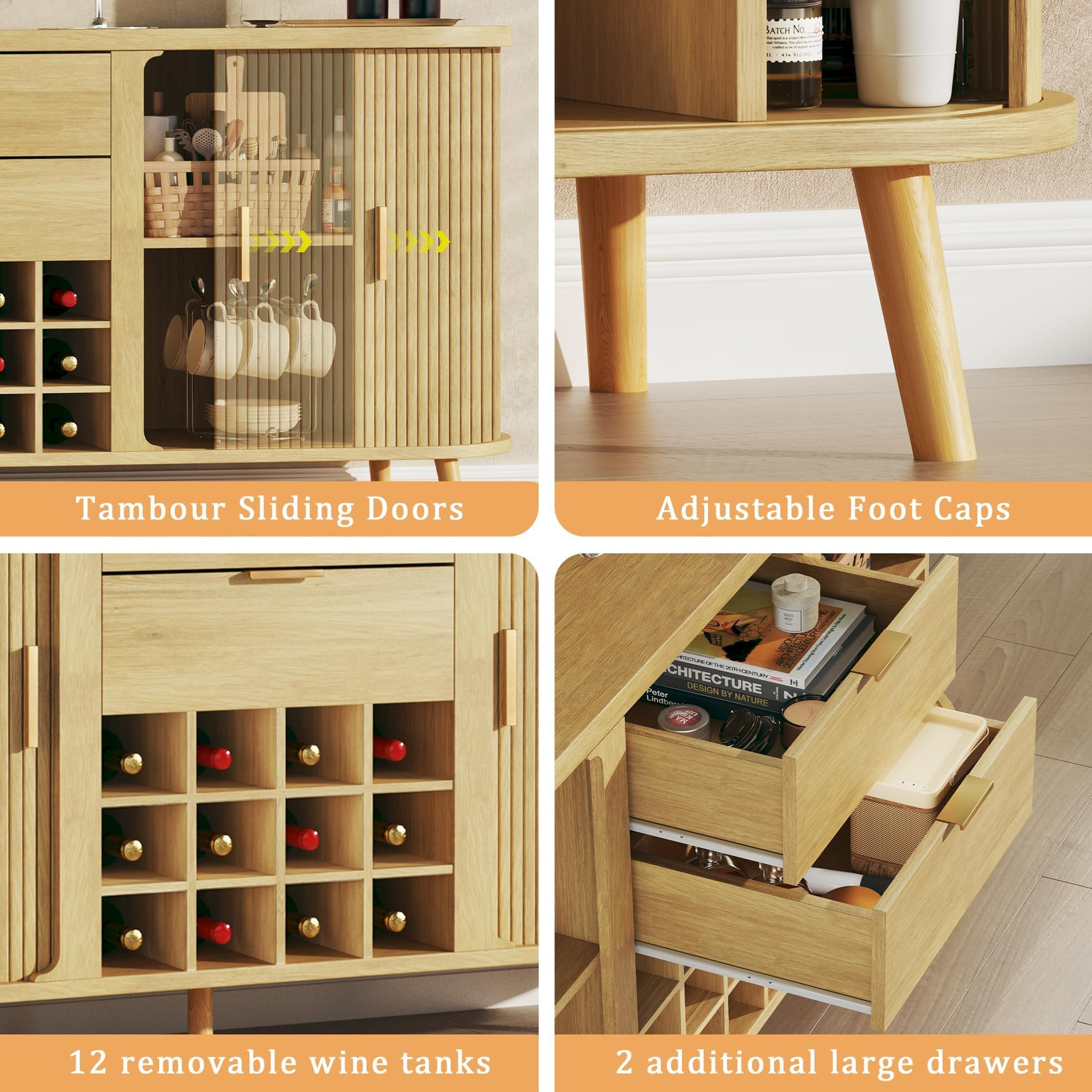 58" Buffet Cabinet with Storage, Fluted Wine Bar Cabinet with Drawers & Adjustable Shelves, Mid-C... | Amazon (US)