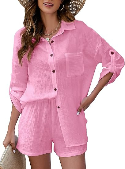 PEHMEA Womens Casual 2 Piece Outfits Cotton Linen Sets Button Long Sleeve Shirt and Shorts Lounge... | Amazon (US)