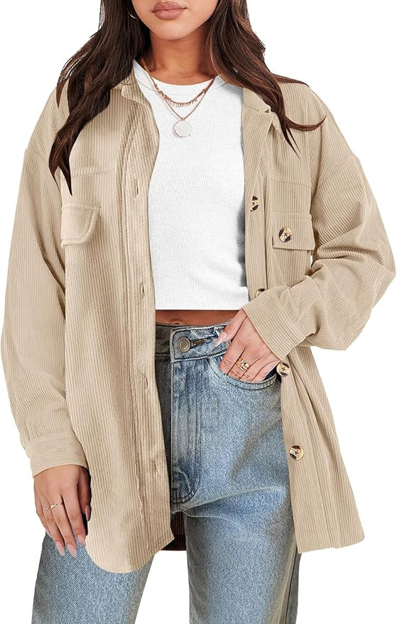 ANRABESS Womens Corduroy Shacket Oversized Long Sleeve Button Down Shirts 2023 Fall Cardigan Jac... | Amazon (US)