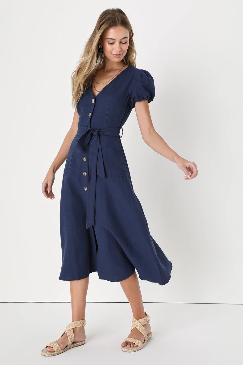 Sicily Sweetheart Navy Blue Button-Front Puff Sleeve Midi Dress | Summer Dress #LTKSeasonal | Lulus (US)