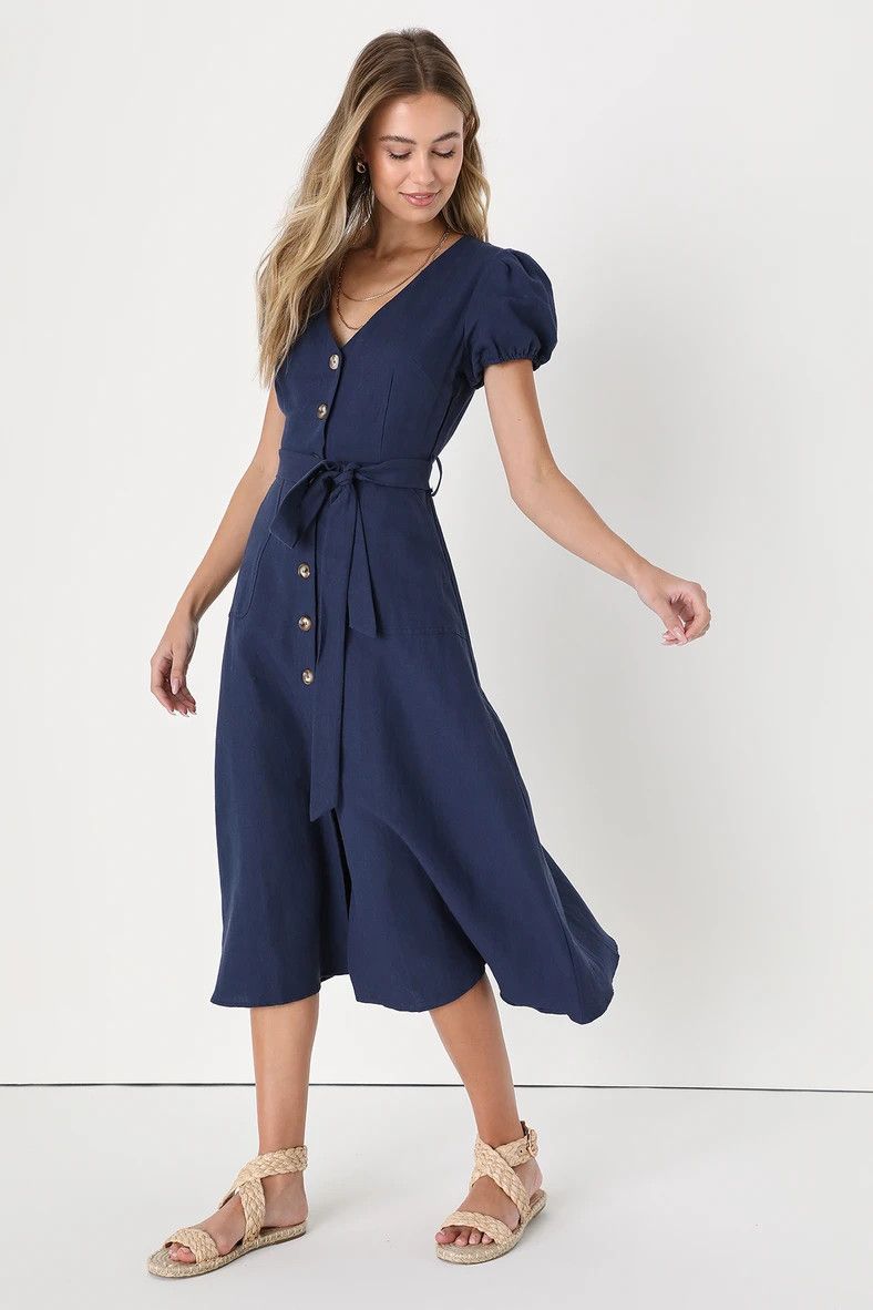 Sicily Sweetheart Navy Blue Button-Front Puff Sleeve Midi Dress | Summer Dress #LTKSeasonal | Lulus (US)