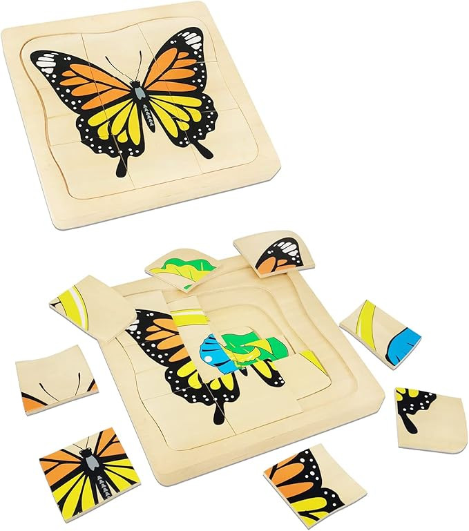 Montessori Wooden Puzzles for Kids Ages 4-8, 4 Layer Life Cycle of Butterfly Jigsaw Puzzle for To... | Amazon (US)