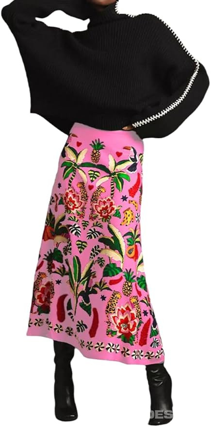 THLAI Womens Skirt Midi Skirt Tropical Plant Print Pink Zipper A-Line Long Skirts Spring Summer S... | Amazon (US)