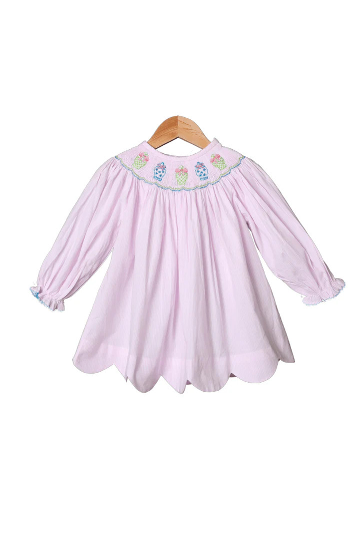 Smocked Ginger Jar Pink Windowpane Long Sleeve Bishop Dress | The Smocked Flamingo