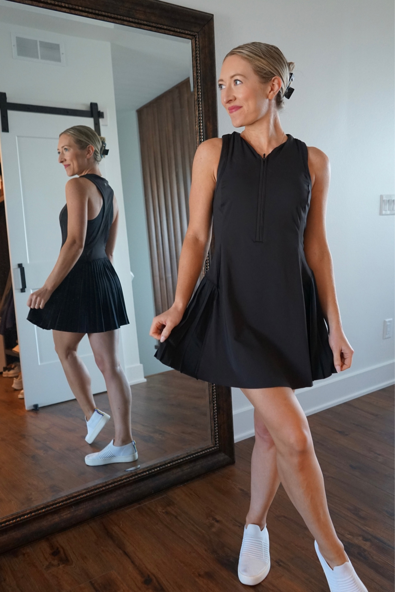 And a moment for the black summer active dress uniform (same as the green, but…#neutrals). From Athleta (that is on sale for a few more hours!)! It’s so so good - wrinkle free, dog-free material, simple + flattering and front, playful pleats in the back. And - of course - shorts with pockets underneath. 

#LTKunder100 #LTKfit #LTKsalealert