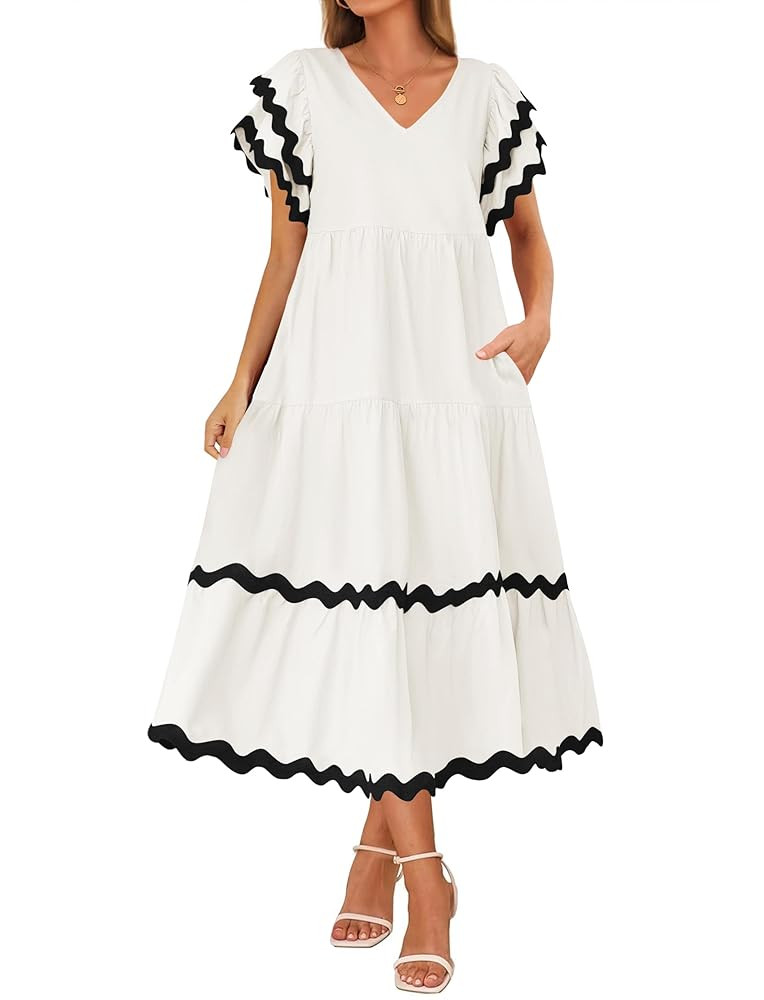 ZESICA Womens 2025 Summer Casual Midi Dresses V Neck Flutter Short Sleeve Ruffle Tiered A Line Fl... | Amazon (US)