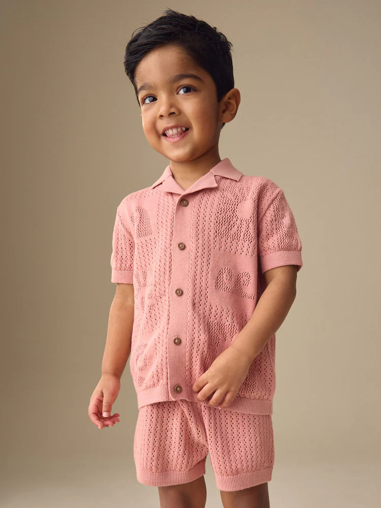 Dusky Pink Textured Knitted Polo Shirt and Shorts Set (3mths-10yrs) | Next US
