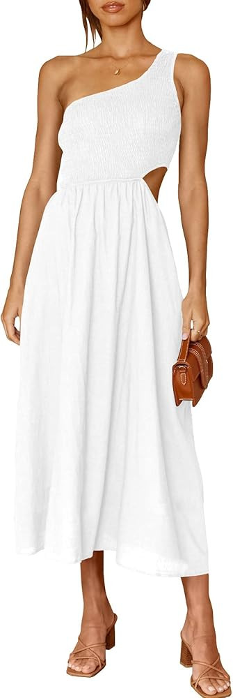 ANRABESS Women's Summer Sleeveless Smocked One Shoulder Cutout Sundress Flowy A-Line Beach Long Maxi | Amazon (US)