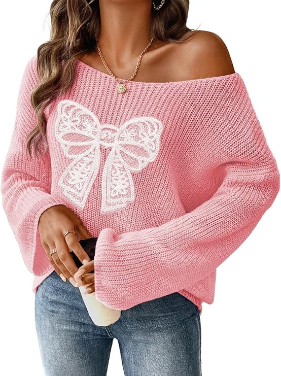 ShawGobow Bow Sweater,Cute Coquette Off Shoulder Sweaters for Women,Christmas Birthday Family Pho... | Amazon (US)