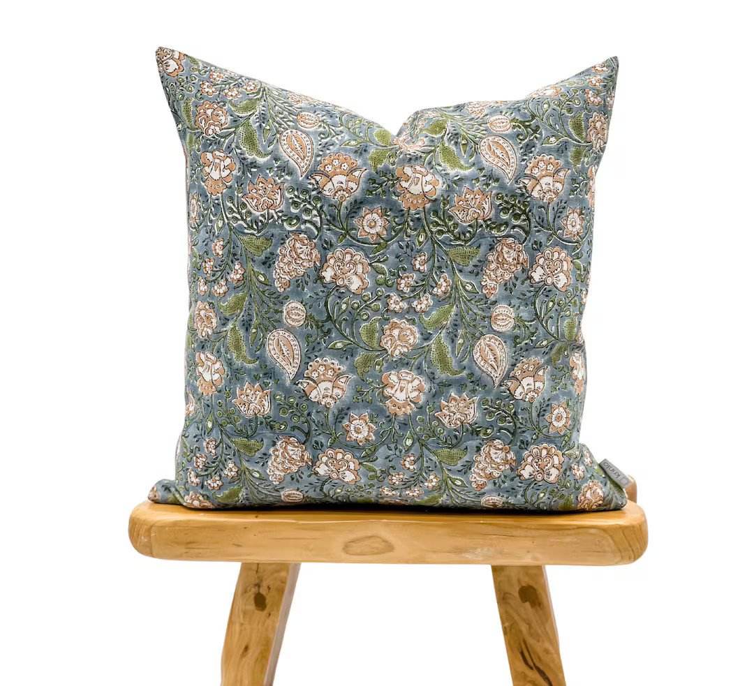 Designer Floral Print on Natural Linen Pillow Cover Grey Blue - Etsy | Etsy (US)