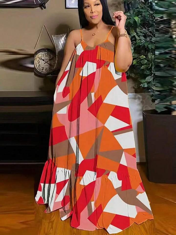 Plus Size Women's Geometric Pattern Full Body Cami Dress | SHEIN