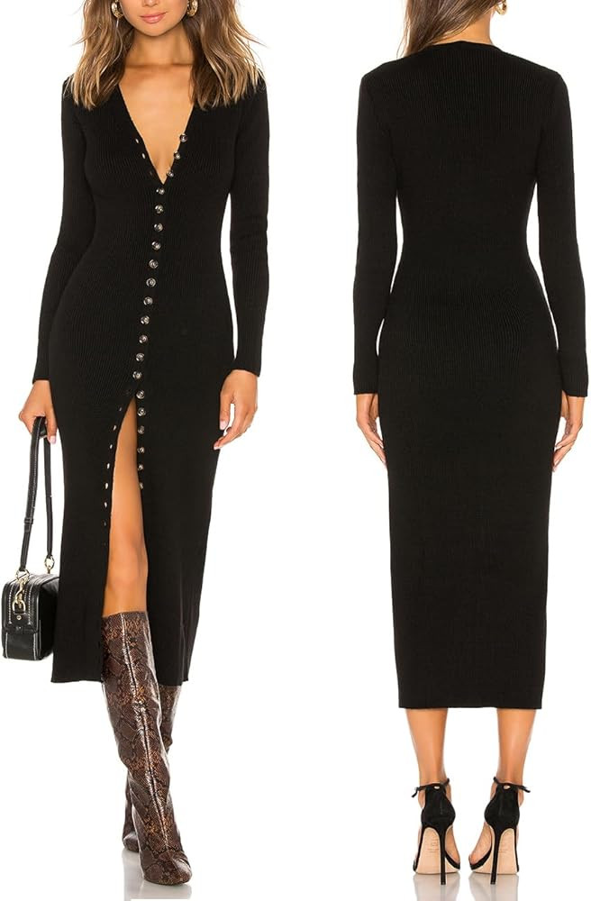 Capuffy Women's Button Down Sweater Maxi Dress Long Sleeve Open Front Long Cardigan Dress V Neck ... | Amazon (US)