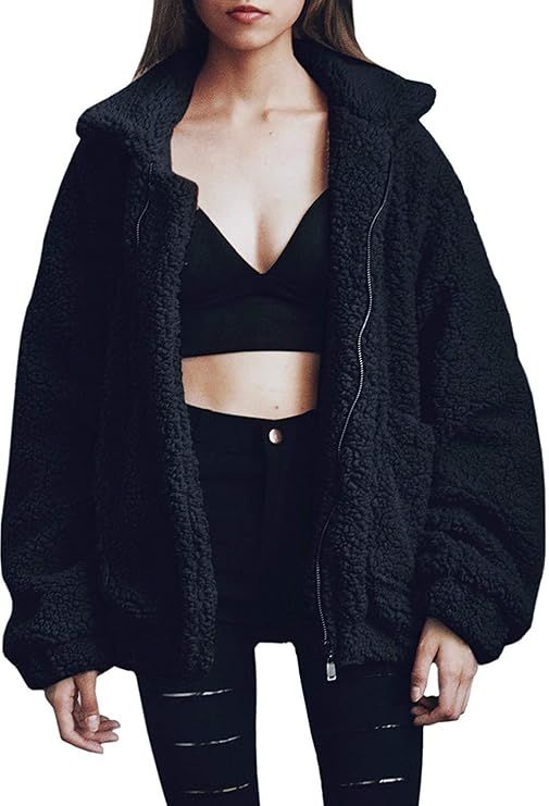 Women's Coat Casual Lapel Fleece Fuzzy Faux Shearling Zipper Coats Warm Winter Oversized Outwear ... | Amazon (US)