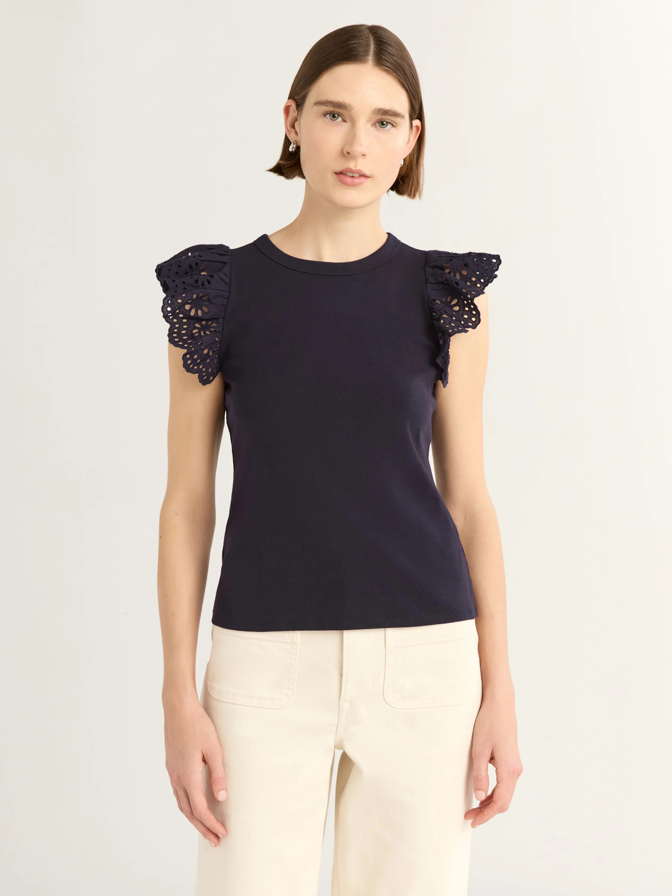 Free Assembly Women's and Women's Plus Eyelet Flutter Sleeve Tee, Sizes XS-4X | Walmart (US)