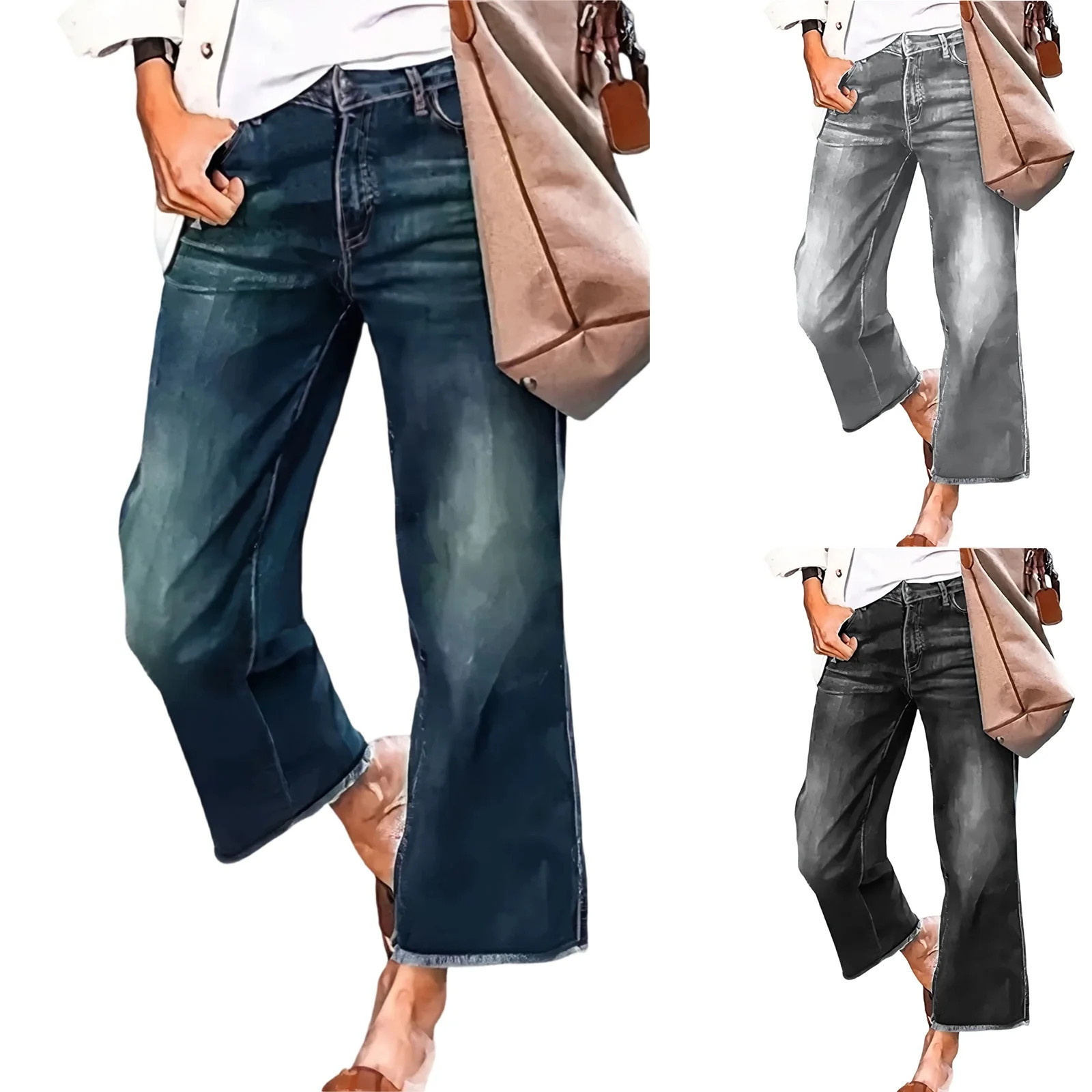 Wutalume Baggy Jeans for Women Wide Leg Mid Waist, Fringed Cropped Denim Pants, Trendy Boho Style... | Walmart (US)