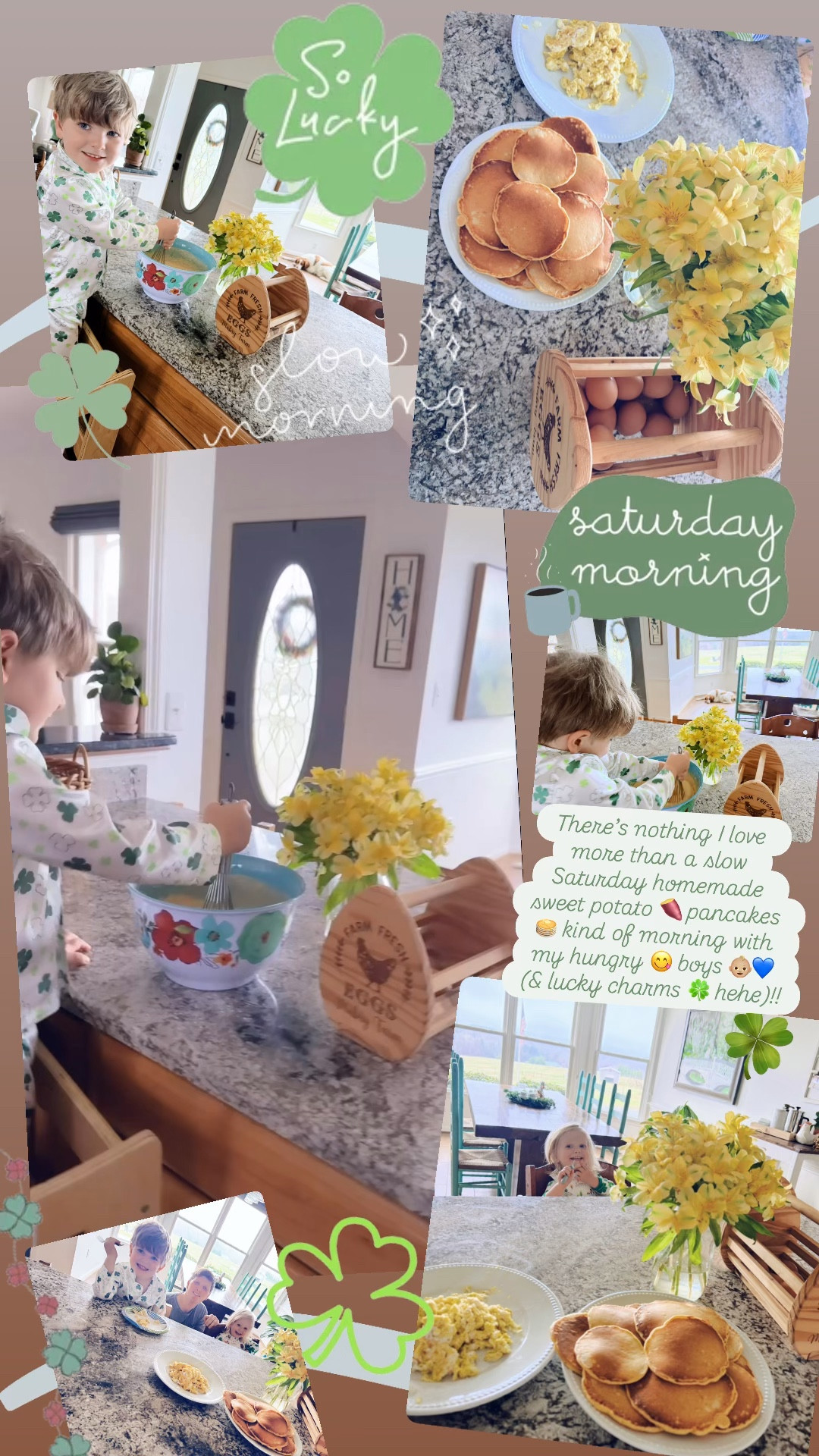There’s nothing I love more than a slow Saturday homemade sweet potato 🍠 pancakes 🥞 kind of morning with my hungry 😋 boys 👶🏼💙 (& lucky charms 🍀 hehe)!!