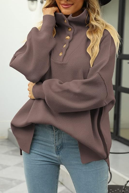 Amazon.com: LILUSSORY Women's Long Sleeve Button Up Drop Shoulder Sweaters Fall Oversized Slit Si... | Amazon (US)