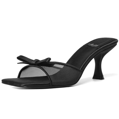Mostrin Black Mesh Kitten Heels for Women Open Square Toe Mule Heeled Sandals with Bow Slip On Backless Dress Shoes for Wedding Party Holiday Size 11 | Amazon (US)