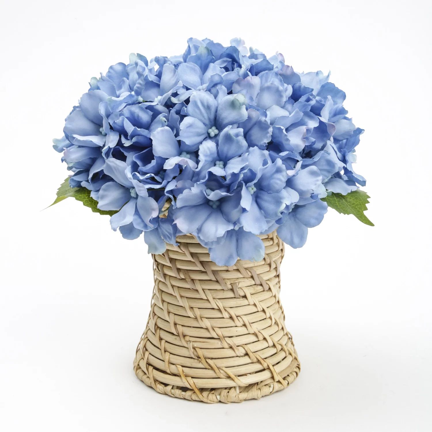 Better Homes & Gardens 7.8in Artificial Blue Hydrangea Flowers in Woven Rattan Vase - Walmart.com | Walmart (US)