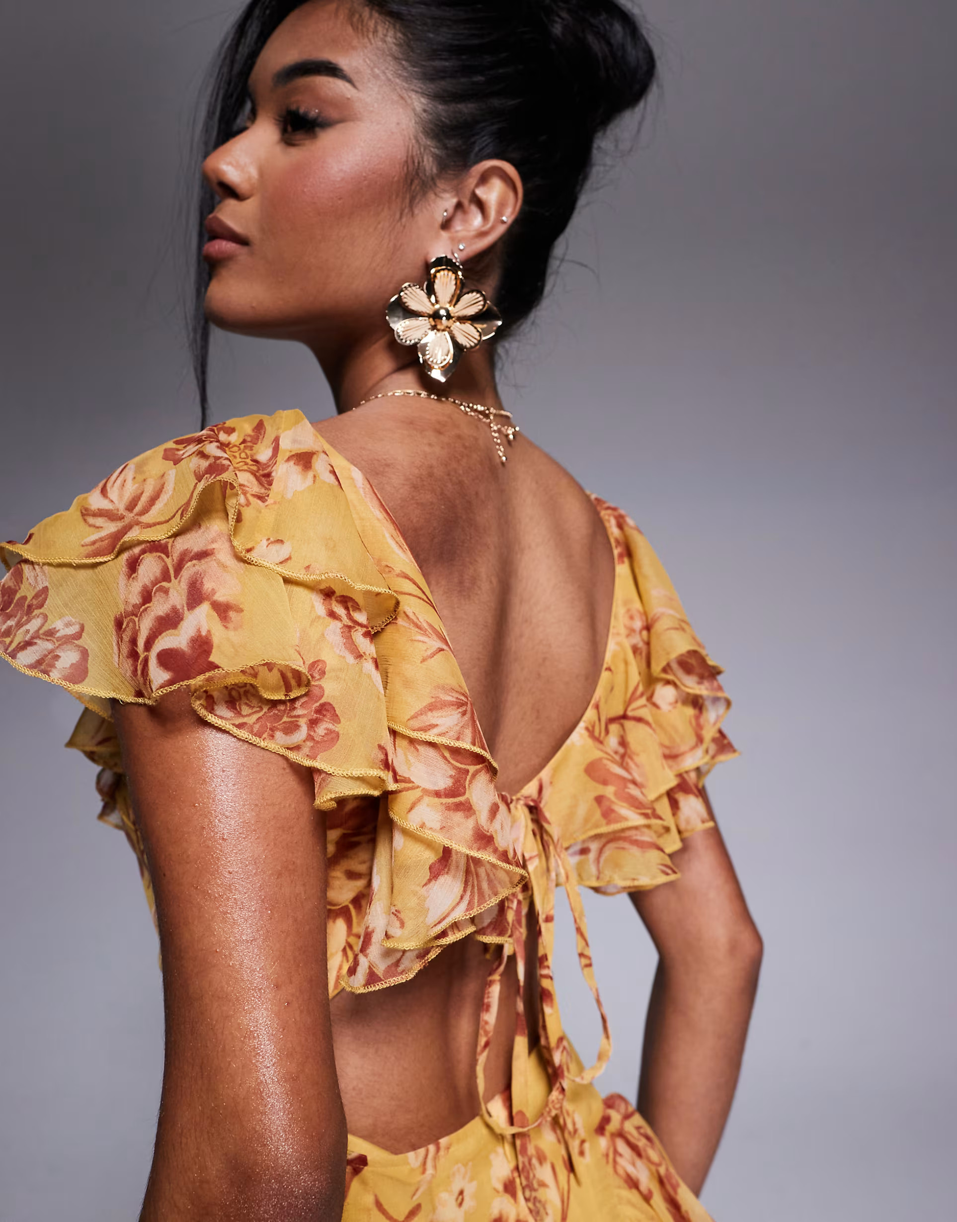 ASOS DESIGN scoop neck flutter sleeve ruffle tiered midaxi dress in mustard floral print | ASOS (Global)