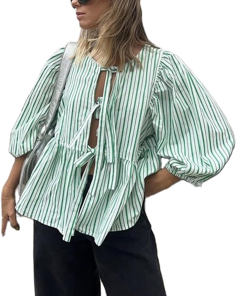 KMBANGI Women Puff Sleeve Peplum Shirts Y2k Lace Up Tie Front Ruffle Hem Loose Blouse Dressy Casu... | Amazon (US)