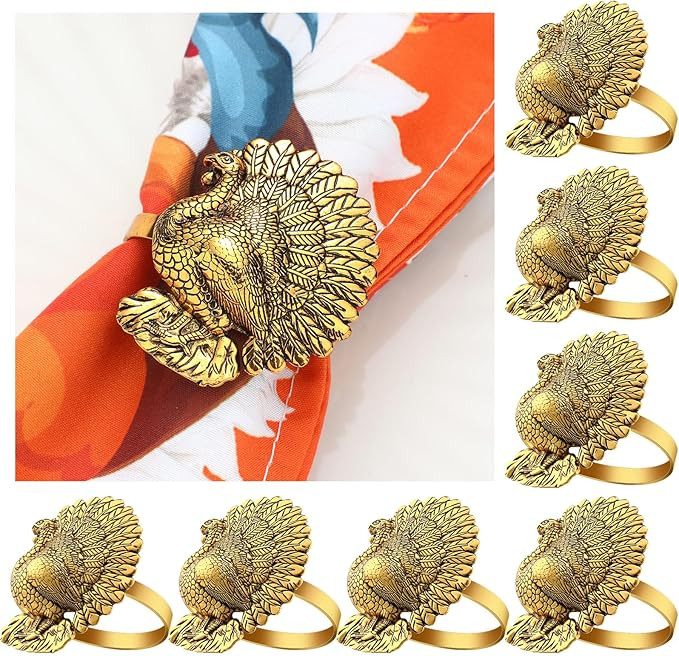 WILLBOND 12 Pcs Turkey Bird Gold Napkin Ring Thanksgiving Turkey Napkin Ring Fall Metal Napkin Ho... | Amazon (US)