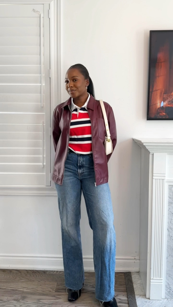 Striped polo shirt paired with denim jeans, burgundy leather jacket and black boots 

#LTKcanada