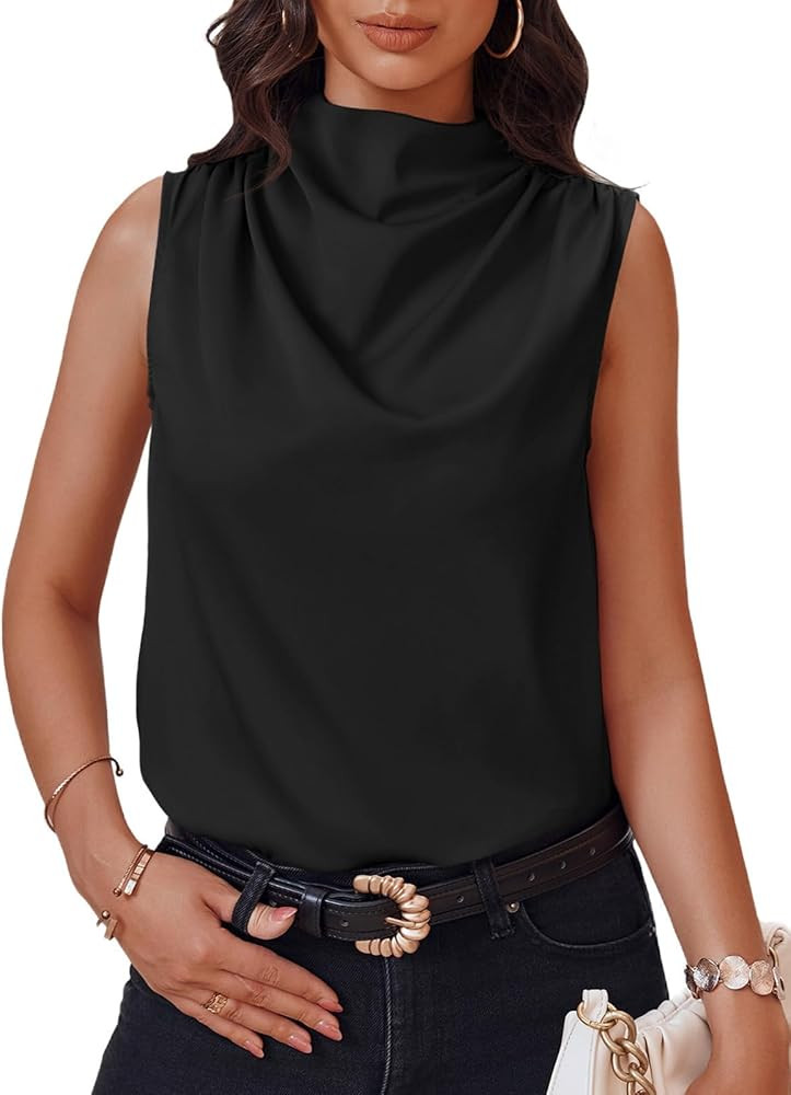 Cicy Bell Women's Mock Neck Satin Tank Tops Sleeveless Ruched Casual Trendy Shirt Blouses | Amazon (US)