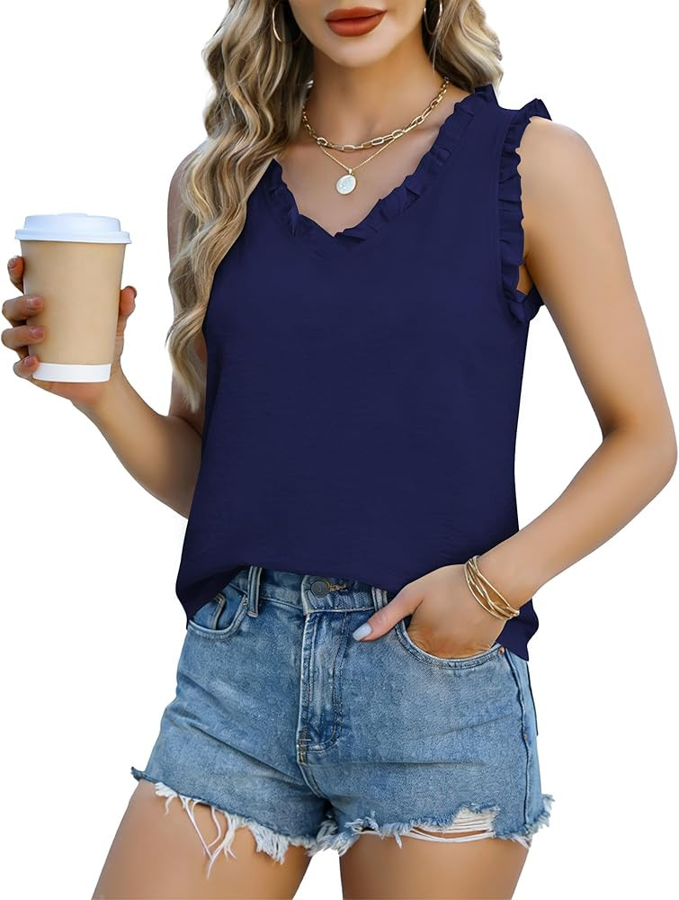 Womens Summer Tank Tops Dressy Casual Blouses Sleeveless Business Work Shirts Ruffle V Neck Trend... | Amazon (US)