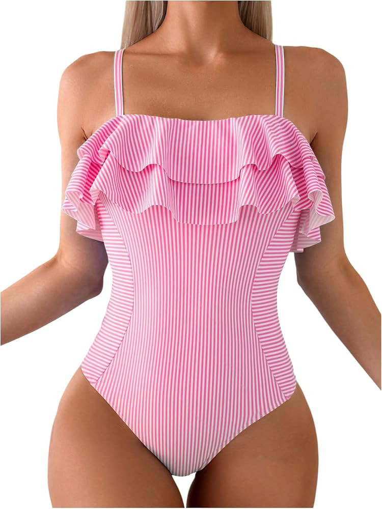 Floerns Women's One Piece Swimsuit Ruffle Trim Striped Print Monokini Swimwear | Amazon (US)