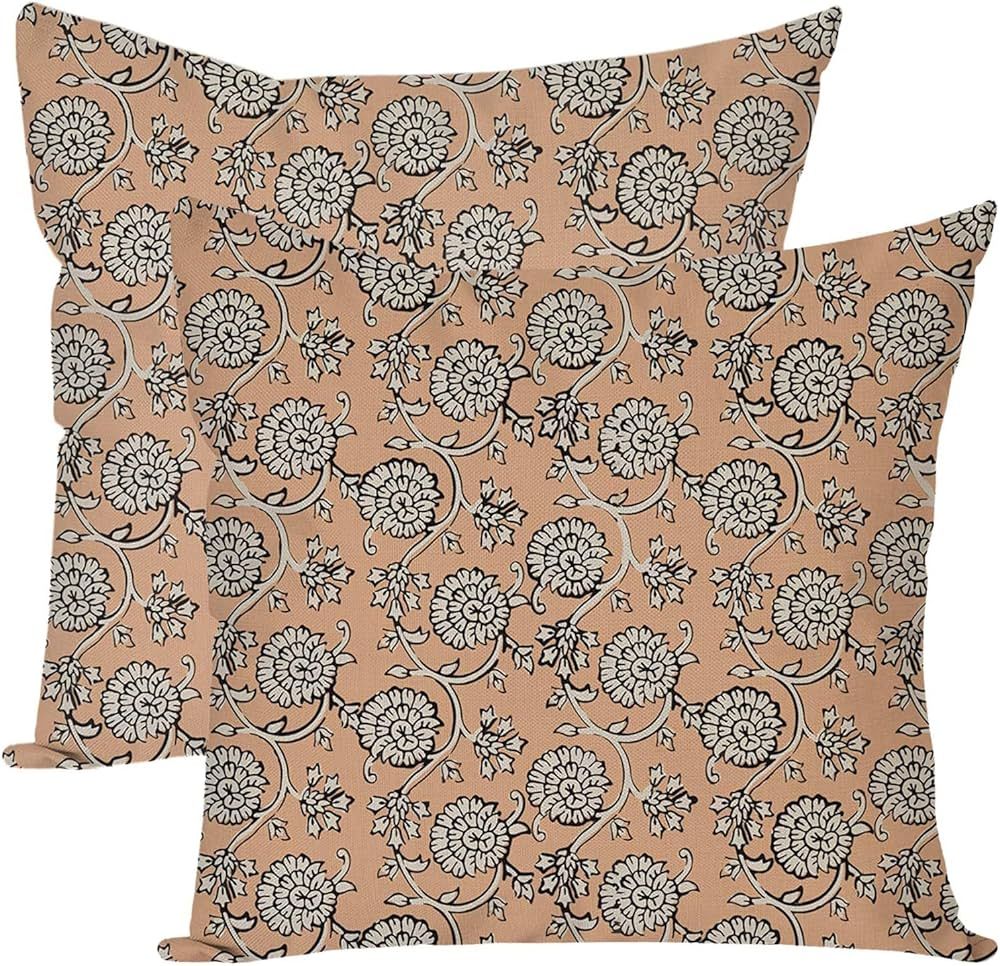 Vintage Floral Decorative Throw Pillow Covers 18x18 Inch Set of 2 Indian Block Print Beige Outdoo... | Amazon (US)