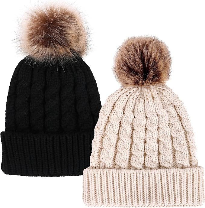 Simplicity Womens Winter Hand Knit Faux Fur Pompoms Beanie Hat | Amazon (US)