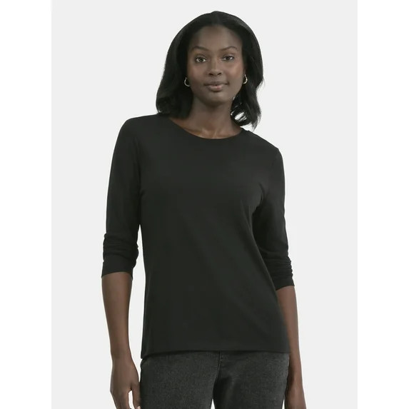 Time and Tru Women's Cotton Crewneck Tee with Long Sleeves, Sizes XS-XXXL | Walmart (US)