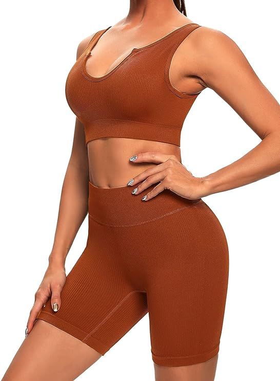 Buscando Ribbed Yoga Outfits Workout Sets for Women 2 Piece Shorts Seamless High Waist Leggings S... | Amazon (US)