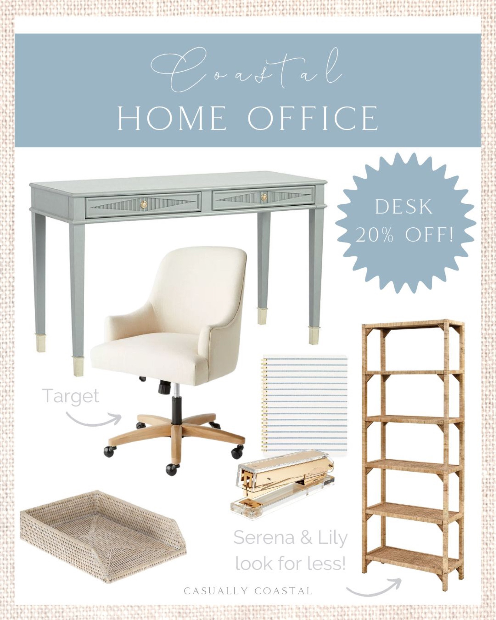 Need a little home office inspo? My favorite desk from Ballard Designs is 20% off and under $480! I love it paired with this Serena & Lily “look for less” bookshelf and pretty desk chair from Target, which just restocked! 
- 
Coastal furniture, home decor, decor under 50, home decor under $50, coastal decor, beach house decor, beach decor, beach style, coastal home, coastal home decor, coastal decorating, coastal interiors, coastal house decor, home accessories decor, coastal accessories, beach style, blue and white home, blue and white decor, neutral home decor, neutral home, natural home decor, woven decor, home office decor, home office furniture, desks, rattan bookshelf, rattan bookcase, designer look for less, designer dupe, serena & lily dupe, coastal home office, Target furniture, office organization, coastal desk, blue desk, upholstered office chair, amazon furniture, coastal home office, coastal office

#LTKsalealert #LTKstyletip #LTKhome