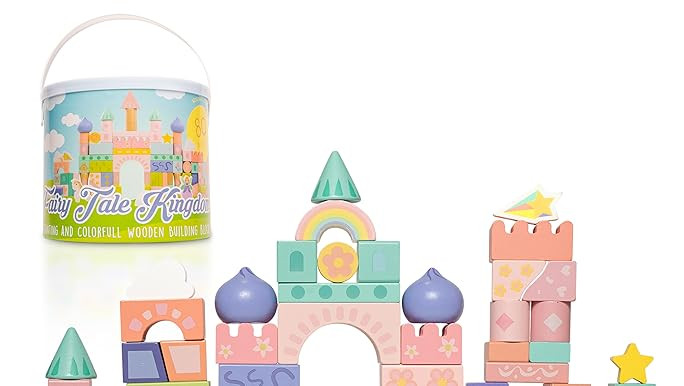 Large Wooden Blocks Set 80pcs - Girls Fairytale Kingdom Castle with Unicorn and Fairy, Colored Wo... | Amazon (US)