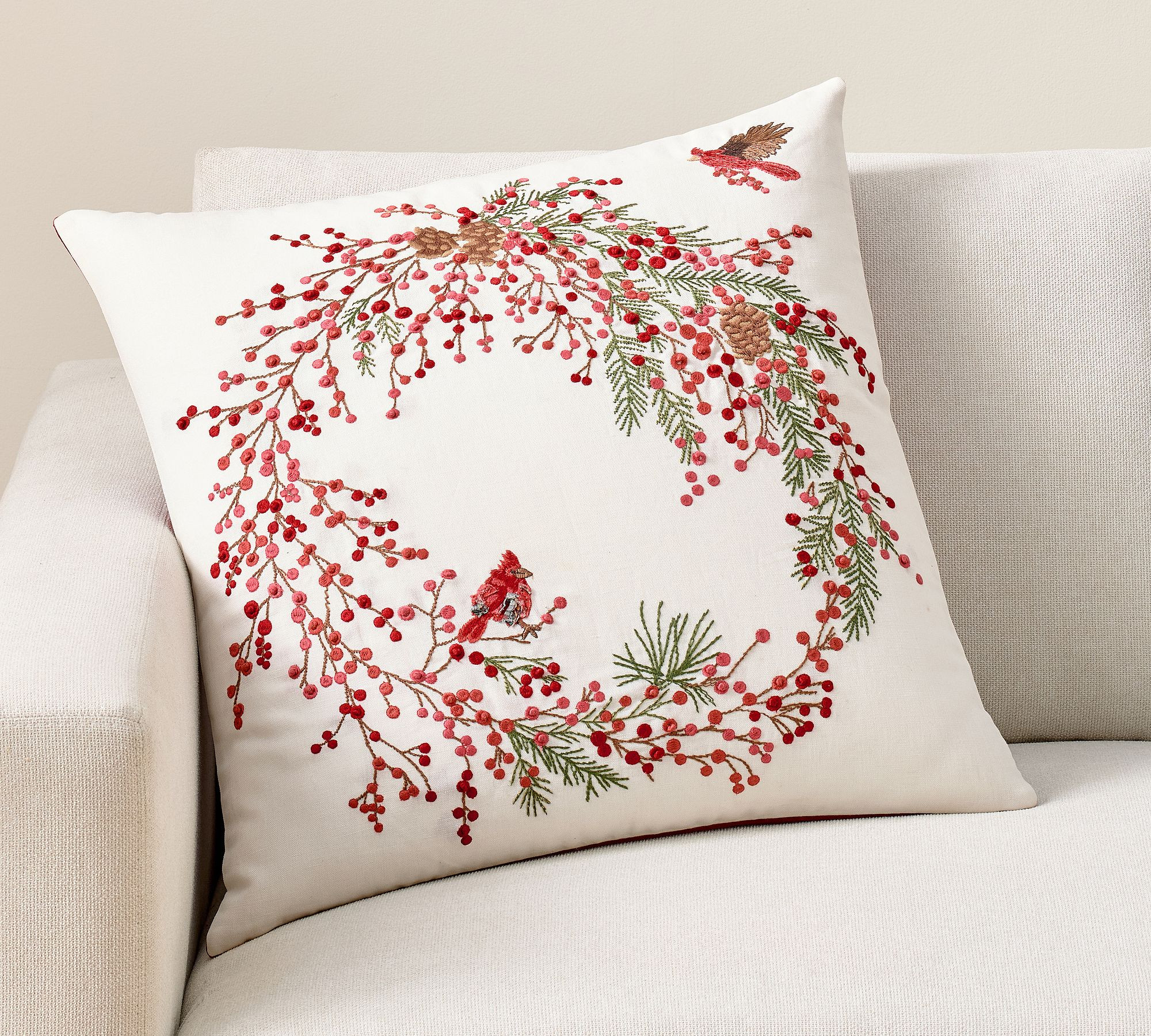 Berry Wreath Embroidered Pillow Cover | Pottery Barn (US)
