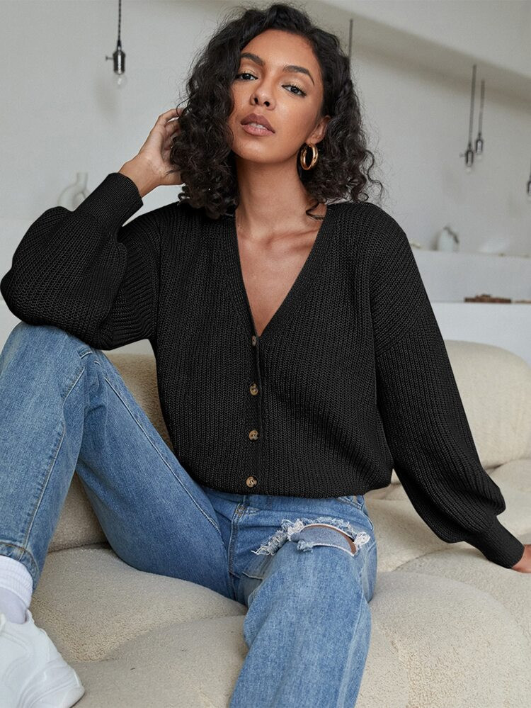 Button Front Drop Shoulder Cardigan | SHEIN
