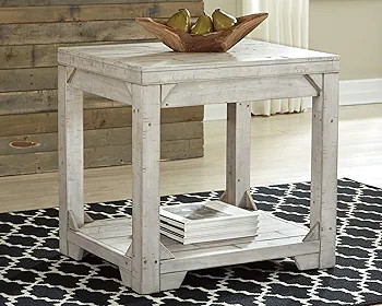 Signature Design by Ashley Fregine Farmhouse Square End Table with Floor Shelf, Weathered White F... | Amazon (US)